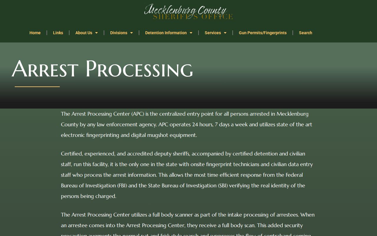 Mecklenburg County arrest processing information at MCSO