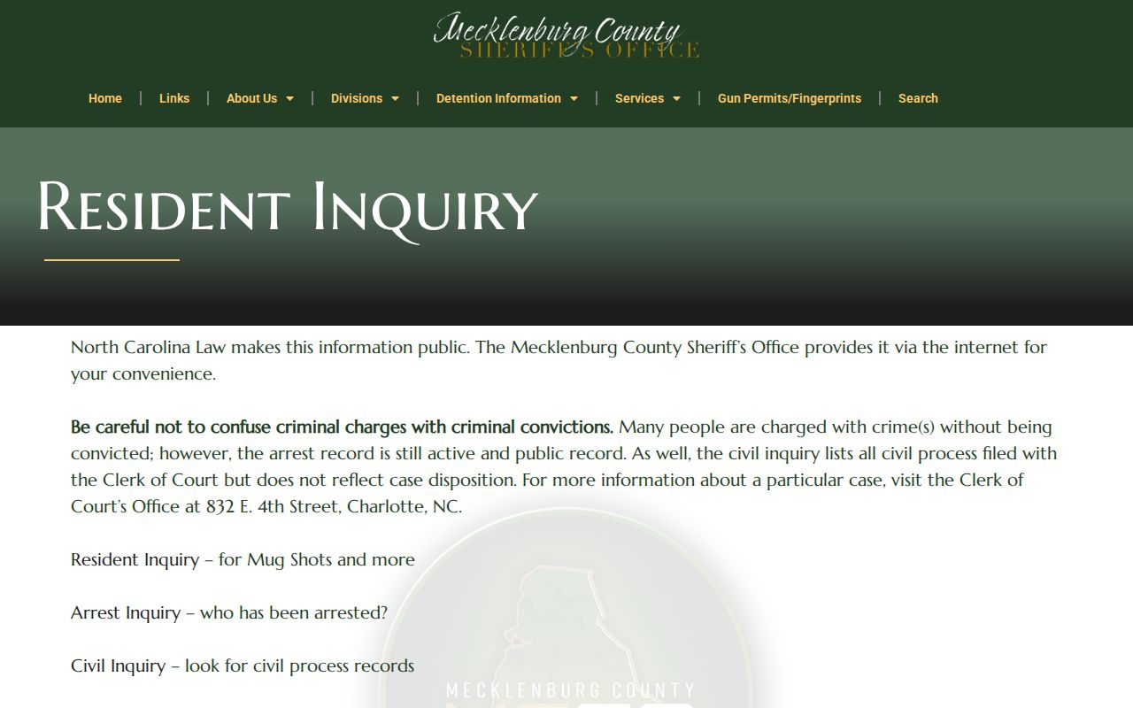Mecklenburg County arrest and resident inquiry gateway
