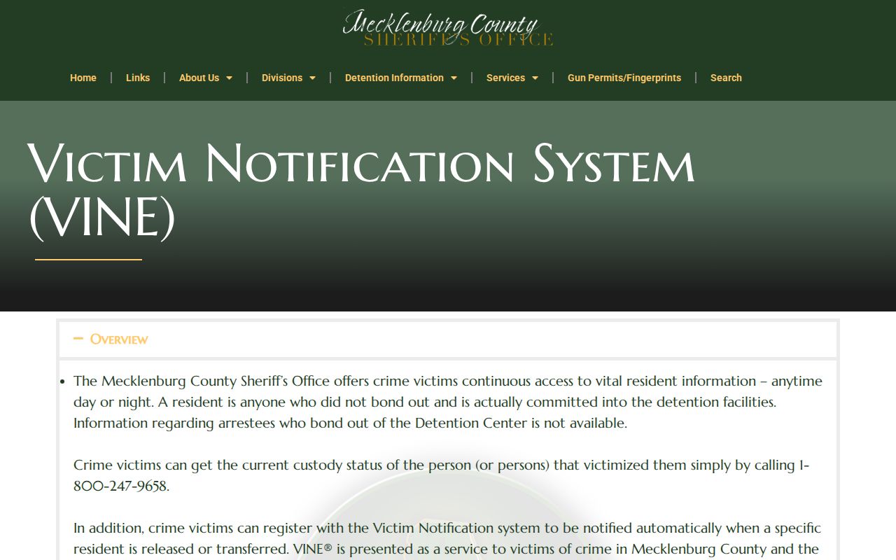 Mecklenburg County arrest custody notification through VINE
