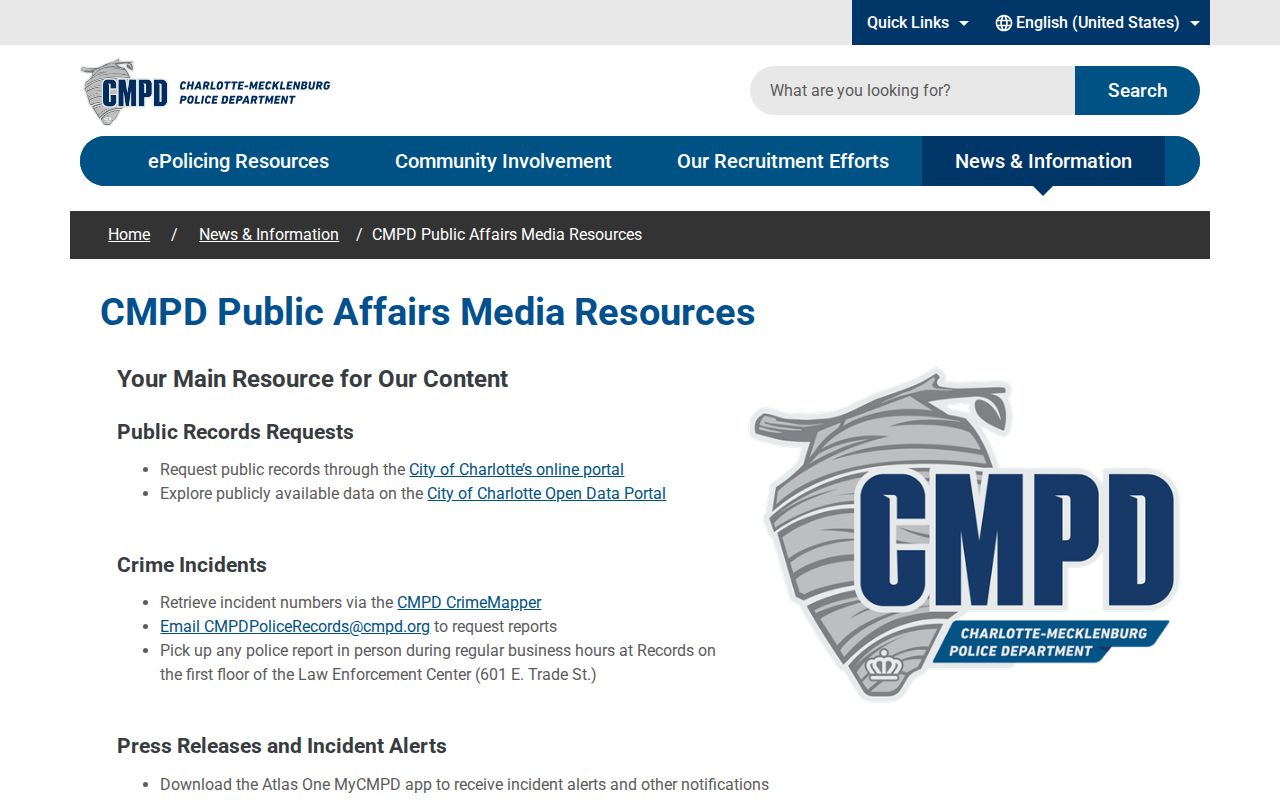 Charlotte criminal record links on CMPD Media Resources with CrimeMapper and public records