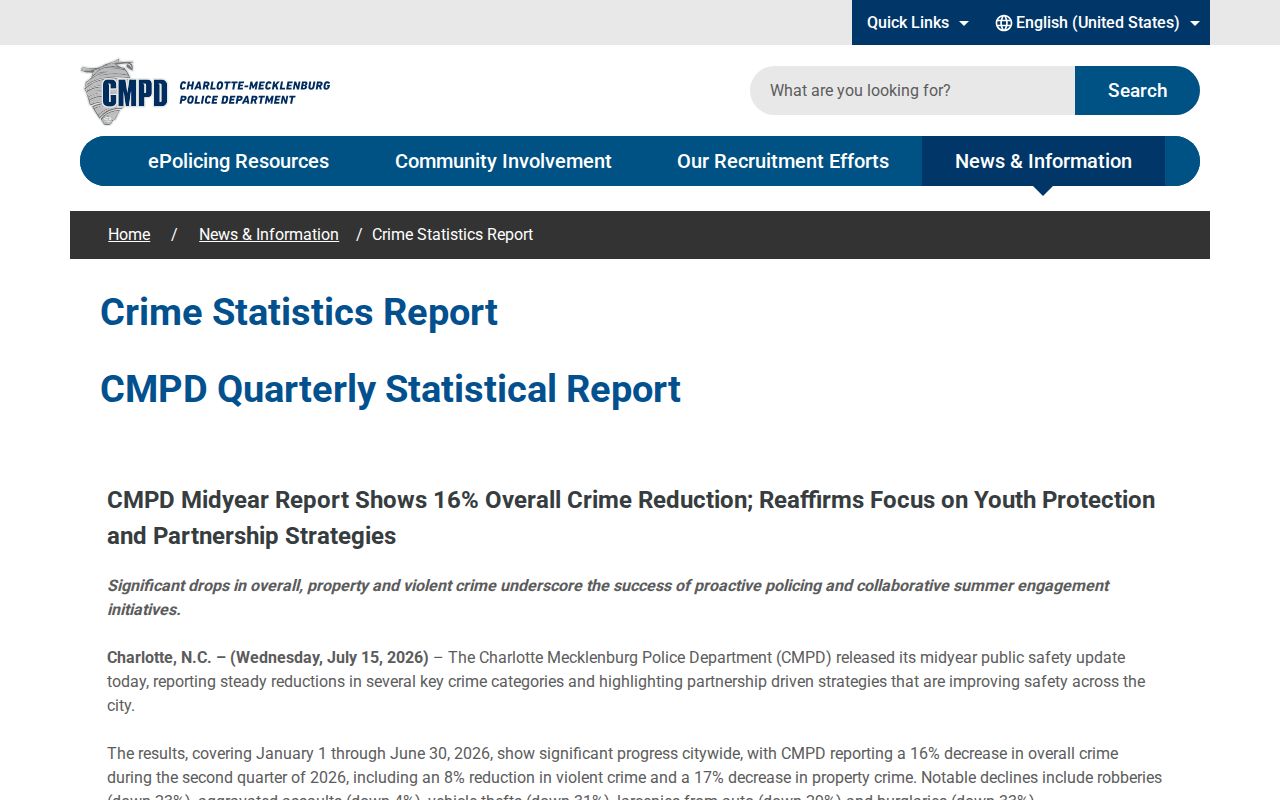 Mecklenburg County criminal incident statistics from CMPD
